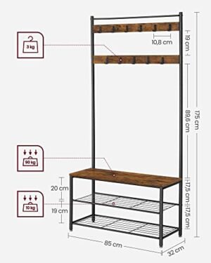 Vasagle-naulakko, vaateteline kenkien säilytyspenkillä, eteisen puu kenkähyllyllä, 3-in-1-design, teräsrunko, eteiseen, sisäänkäynti, 32 x 85 x 175 cm, teollisuus, maalaismainen ruskea ja musta HSR401B01 - Image 5