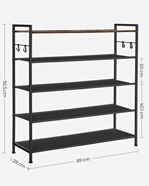 Songmics 5-tasoinen kenkäteline, metallinen kenkäteline, Oxford kangashyllyt, mahtuu 20-25 paria kenkiä, 29 x 89 x 92,5 cm, 4 koukkua, avoin kenkäkaappi makuuhuoneen käytävään, maalaismainen ruskea ja musta LMR035B01 - Image 5