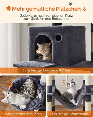 Feandrea Cat Tree, 206 cm iso kissatorni, jossa 13 raapimistolppaa, 1 raapimisramppi, 2 ahventa, 2 luolaa, kori, riippumatto, pompommit, monitasoinen pehmokissahuoneisto sisäkissoille, savunharmaa - Image 4