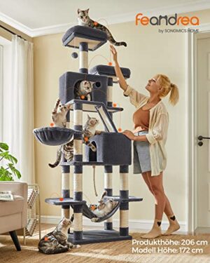 Feandrea Cat Tree, 206 cm iso kissatorni, jossa 13 raapimistolppaa, 1 raapimisramppi, 2 ahventa, 2 luolaa, kori, riippumatto, pompommit, monitasoinen pehmokissahuoneisto sisäkissoille, savunharmaa - Image 2