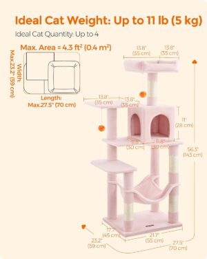 Feandrea Cat Tree, 56,3 tuuman kissatorni sisäkissoille, monitasoinen kissan asunto 4 raapimistolppaa, 2 ahventa, riippumatto, luola, hyytelönpunainen UPCT161P01 - Image 6