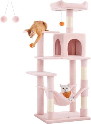 Feandrea Cat Tree, 56,3 tuuman kissatorni sisäkissoille, monitasoinen kissan asunto 4 raapimistolppaa, 2 ahventa, riippumatto, luola, hyytelönpunainen UPCT161P01