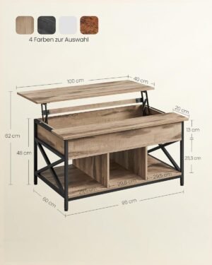 Vasagle sohvapöytä, korkeussäädettävä olohuoneen pöytä, sohvapöytä, avoin ja piilotettu säilytystila, X-solki, 60 x 100 x (48-62) cm, kamelinruskea/musta LCT205K50 - Image 3