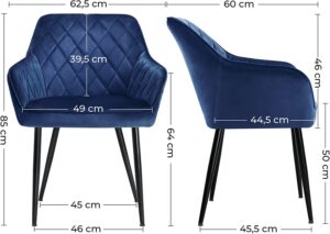 Songmics ruokatuoli, nojatuoli, pehmustettu istuin, käsinojilla, istuimen leveys 49 cm, metallijalat, samettiverhoilu, kantavuus 110 kg, olohuoneeseen, makuuhuoneeseen, sininen LDC087Q01 - Image 2